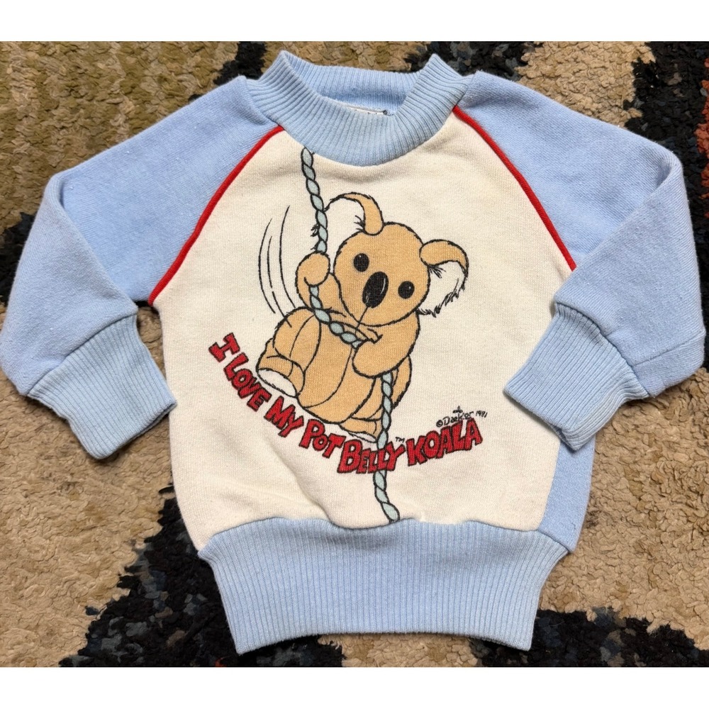 Vintage 1981 Confetti Knits Pot Belly Koala Sweatshirt Blue Newborn 0-6 Months